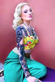 European fashion beauty flower arm and chest tattoo