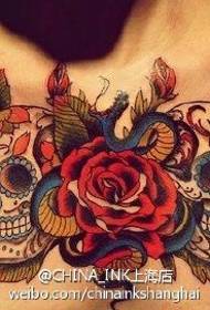 chest color skull rose tattoo pattern
