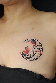 female chest moon line flower totem tattoo