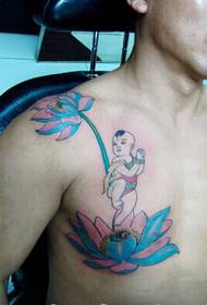 male chest lotus boy pattern color tattoo