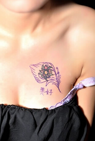 Beauty boobs Chinese characters and feather tattoos