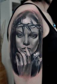 shoulder gray realist style woman portrait tattoo