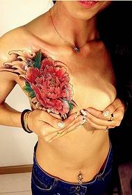 sexy female chest beautiful colored peony tattoo Pattern picture