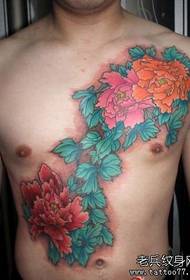 man chest beautiful peony tattoo pattern