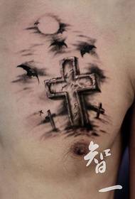 male chest super handsome cross with bat tattoo pattern