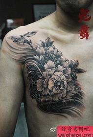 boy's chest black gray peony flower tattoo pattern