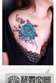 girls front chest popular beautiful colored rose tattoo pattern