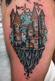 Didelis mažas įvairiaspalvis fantazijos pilies tatuiruotės raštas