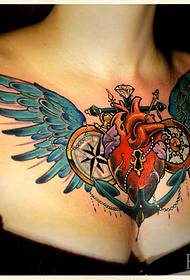 a beautiful chest heart wing tattoo pattern