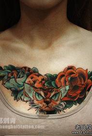 girls chest cat rose tattoo pattern