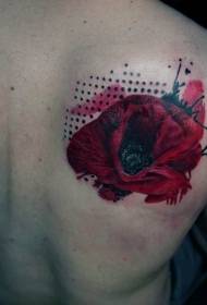 Red realistic small flower tattoo picture on the back shoulder