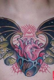 male front chest cool old school heart and wings tattoo pattern