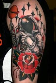 shoulder old style color astronaut with Flower tattoo