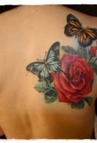 back shoulder color realistic Flower with butterfly tattoo