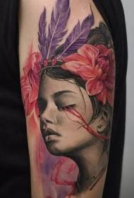Bold realistic amazing girl portrait with flowers feather tattoo pattern