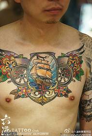 супер голям цвят морски моряк голям модел татуировка на цветя 56894 - гърдите черно сив модел татуировка на бухал