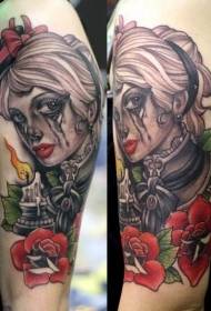 arm new style color crying woman with candle tattoo