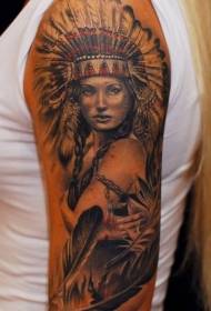 velika roka neverjetna indijska ženska portret perje tatoo vzorec