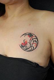 sexy Girl chest on the moon line flower totem tattoo picture