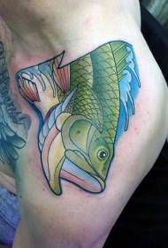 shoulder half green fish jump out of the water tattoo pattern