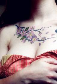 girl chest flower bird tattoo pattern picture Picture