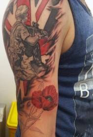 shoulder red poppy and flag military-themed tattoo