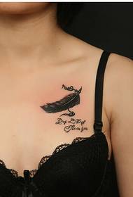 sexy female Beautiful and beautiful feather writing tattoo picture on the chest