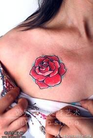 female chest color rose tattoo pattern