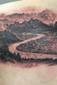 хлопчыкі плячо татуіроўкі чорна-белы шэры стыль татуіроўкі прышчэпкі пейзаж татуіроўкі пейзаж малюнак