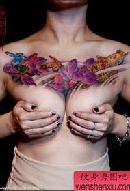 strong female chest lotus koi butterfly tattoo pattern