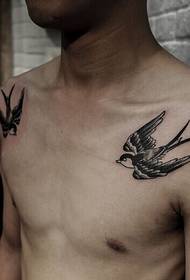 fashion person's chest double swallow tattoo
