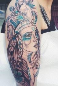 big arm sketch style Indian girl with feather tattoo pattern