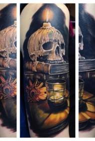 shoulder color human skull with candle tattoo pattern
