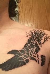 boys shoulder black simple abstract line branches and small animal eagle tattoo pictures