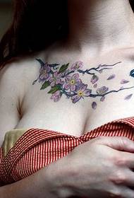 girls front chest flower with bird tattoo pattern
