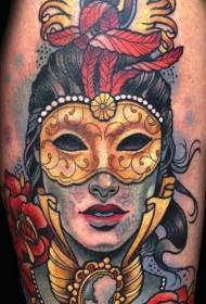 big band mask and feather mysterious girl color tattoo pattern