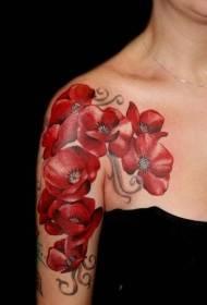 patrón de tatuaxe de amapola vermello de ombreiro feminino