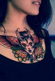 beautiful touching chest feminine demon tattoo pattern