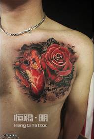 chest colored rose heart tattoo pattern