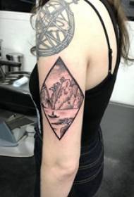 Landscape tattoo girl's arm on dark gray landscape tattoo picture