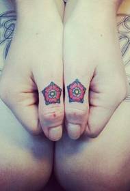 Голям пръст върху малка татуировка на цветя