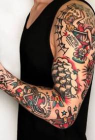 Appreciation of large flower arm tattoos in 9 color old schools