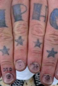 Finger blauwe stjerren en lettertatuerpatroan