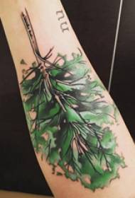 O brazo da rapaza do tatuaje da árbore na imaxe grande coloreada da tatuaxe da árbore