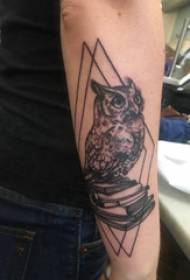 Owl tatoeëring yllustraasje jongen earm op rombus en ûle tatoeage ôfbylding