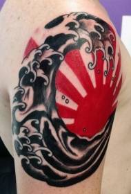 큰 팔 아시아 스타일의 붉은 태양과 스프레이 문신 패턴
