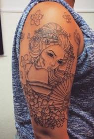 Arm simple black line asian geisha with fan flower tattoo pattern