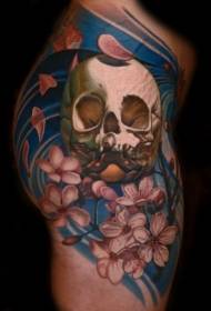 Shoulder colored skull and sakura tattoo pattern
