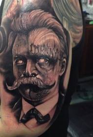 shoulder brown surrealist style character portrait tattoo