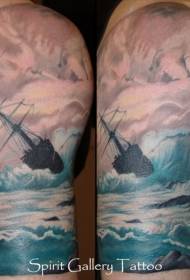肩部顏色復古海上帆船紋身圖案